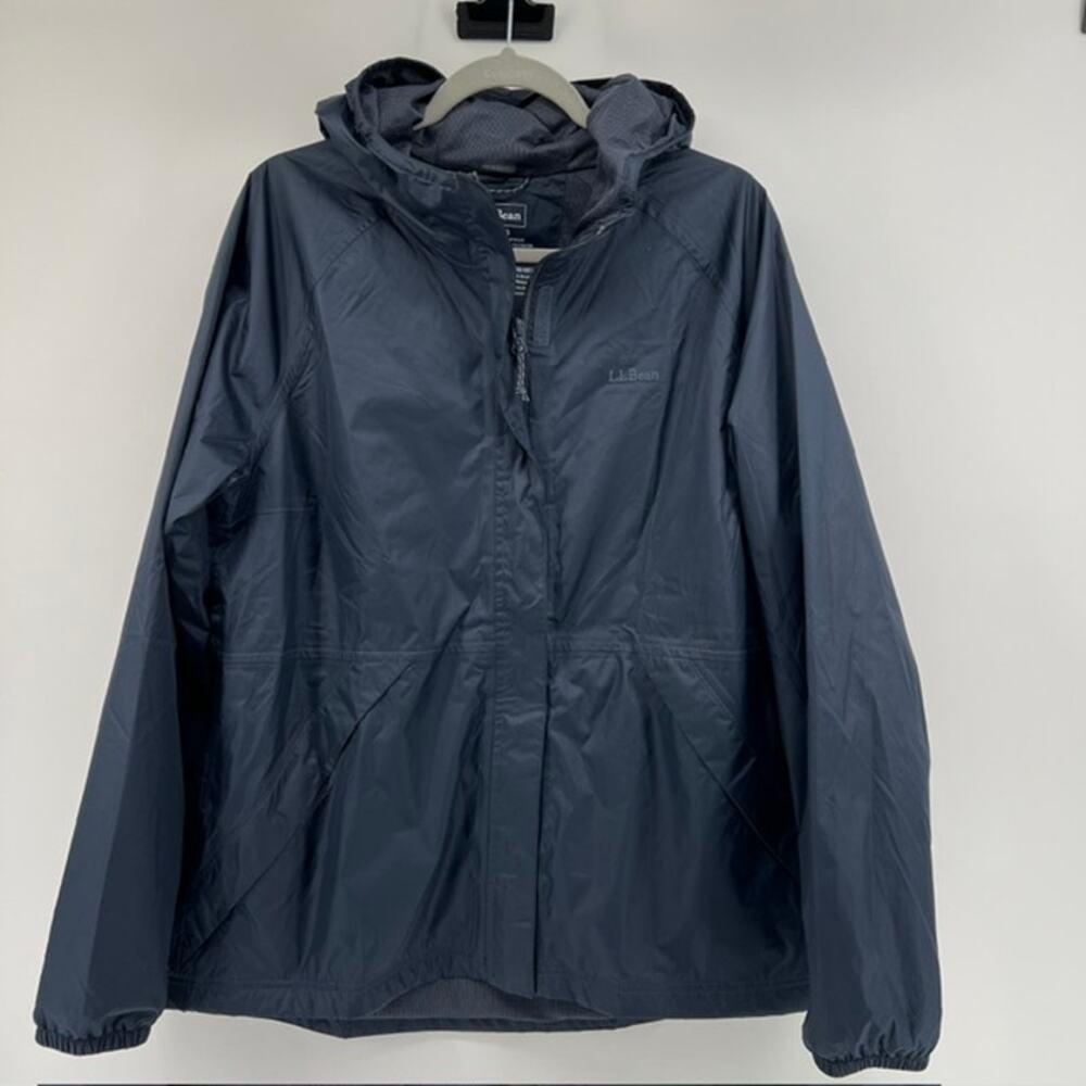 LL Bean Womens Hooded Rain Jacket L-REG Navy Blue Mesh Lined Zip Pockets Outdoor